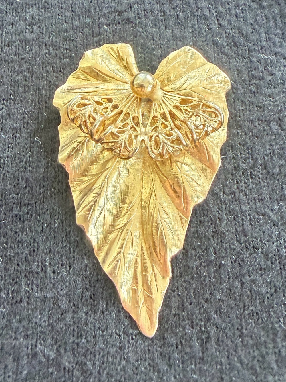 Gold Tone Leaf Brooch with Filigree Accent